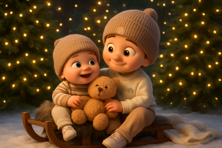 AI-gegenereerde afbeelding in animatiestijl van 2 jongetjes met een muts en een knuffelbeer op een slee