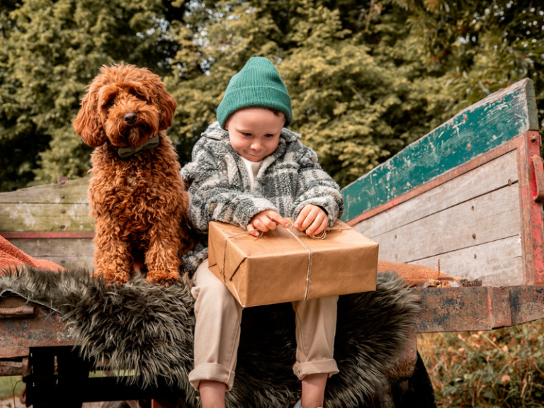 Jongen in winteroutfit met bruine poedel op houten kar in bos met cadeautje